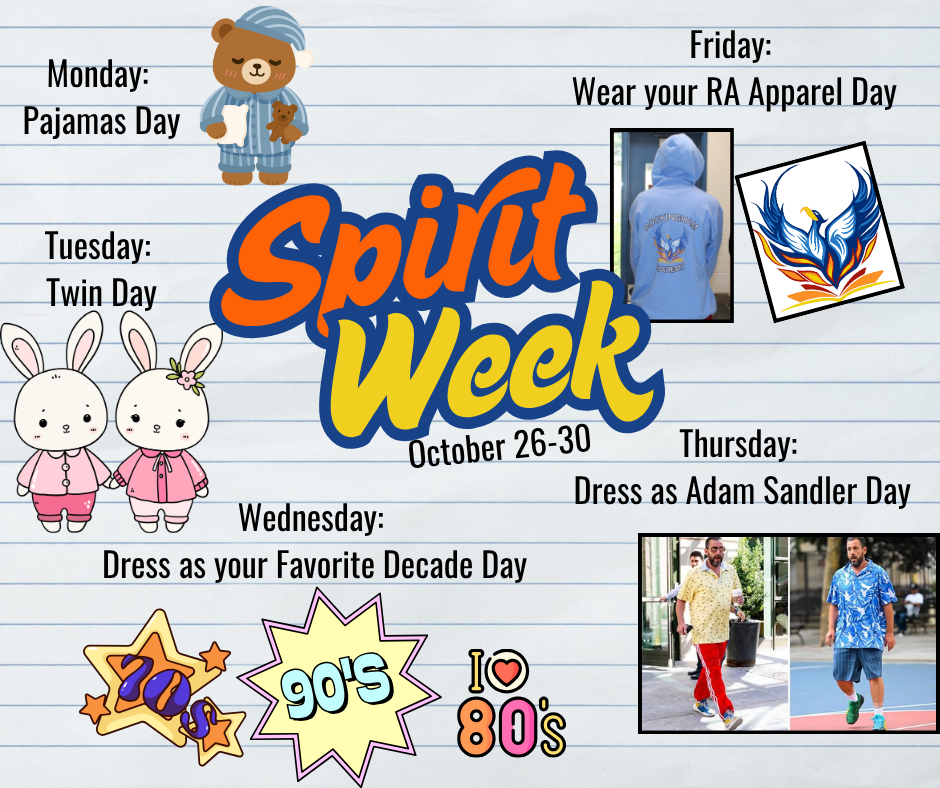 A poster shows days of the week, icons, and images of people. Days include Pajamas Day, Twin Day, and others.