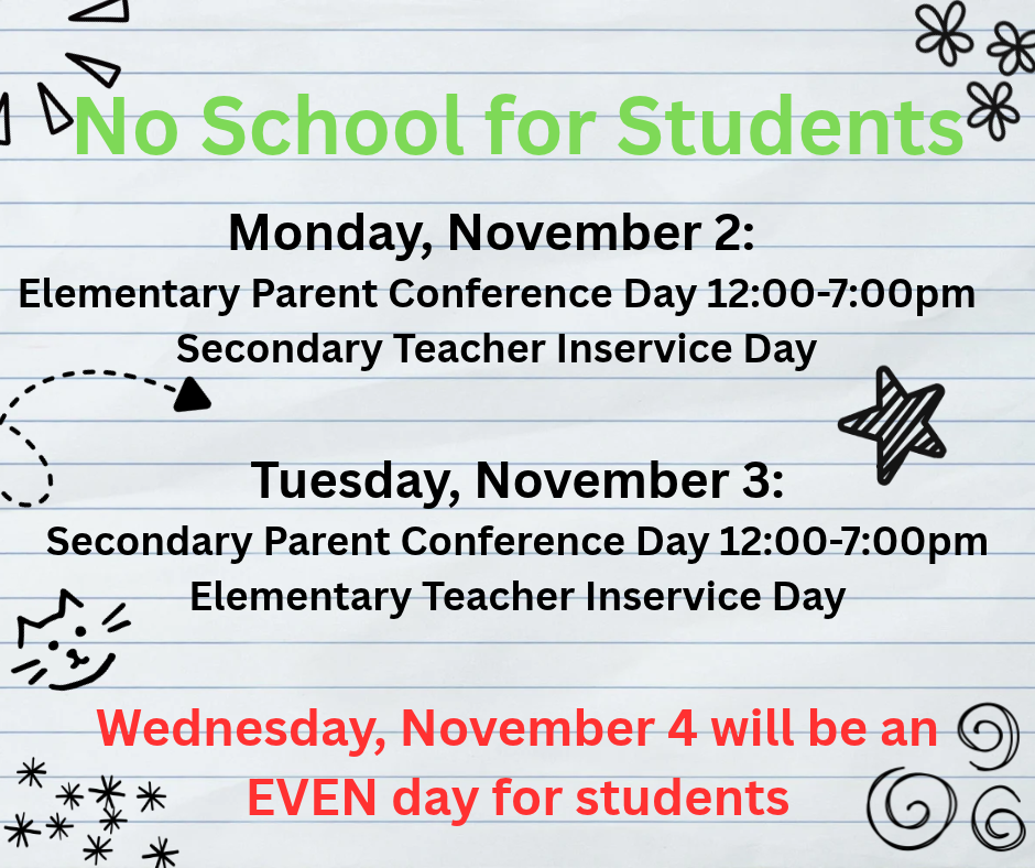 A schedule announcement on a notebook paper background lists three days and the activities for each.