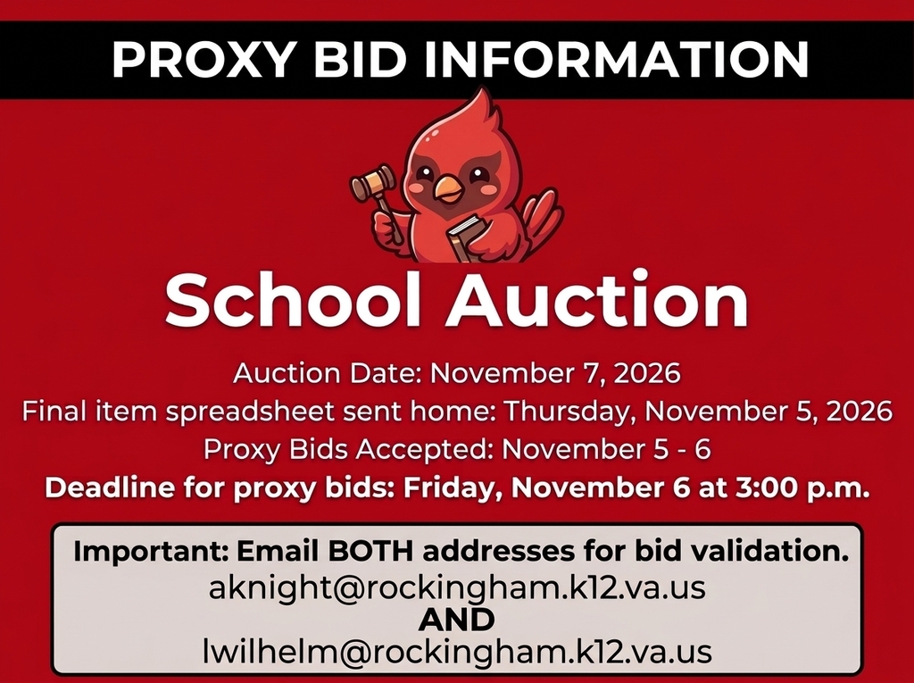 Red poster with a red bird. Text reads 'Proxy Bid Information' and 'School Auction'. Dates and email addresses are provided.