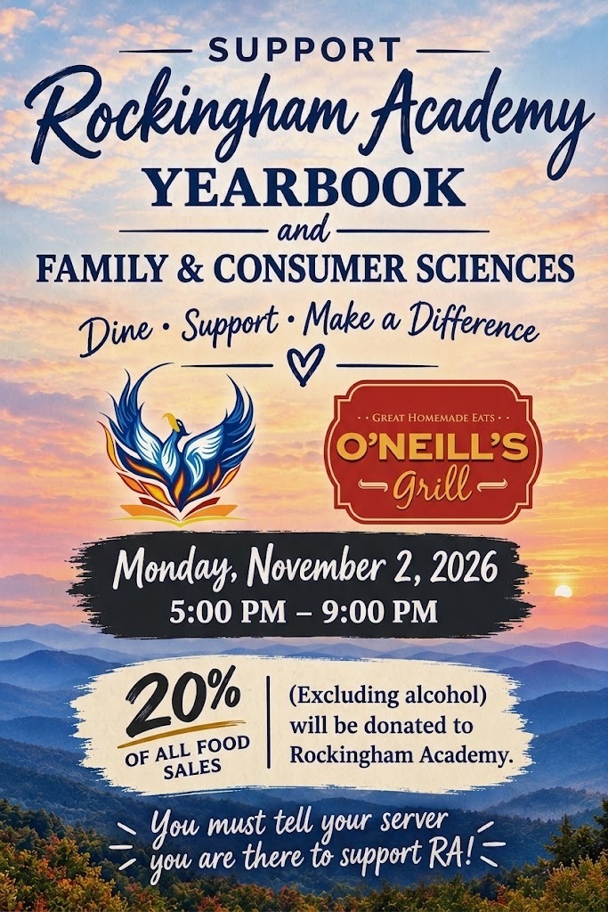 Ad poster for Rockingham Academy yearbook sales. Mountains and blue sky. Bird logo, sun, and O'Neill's Grill logo.