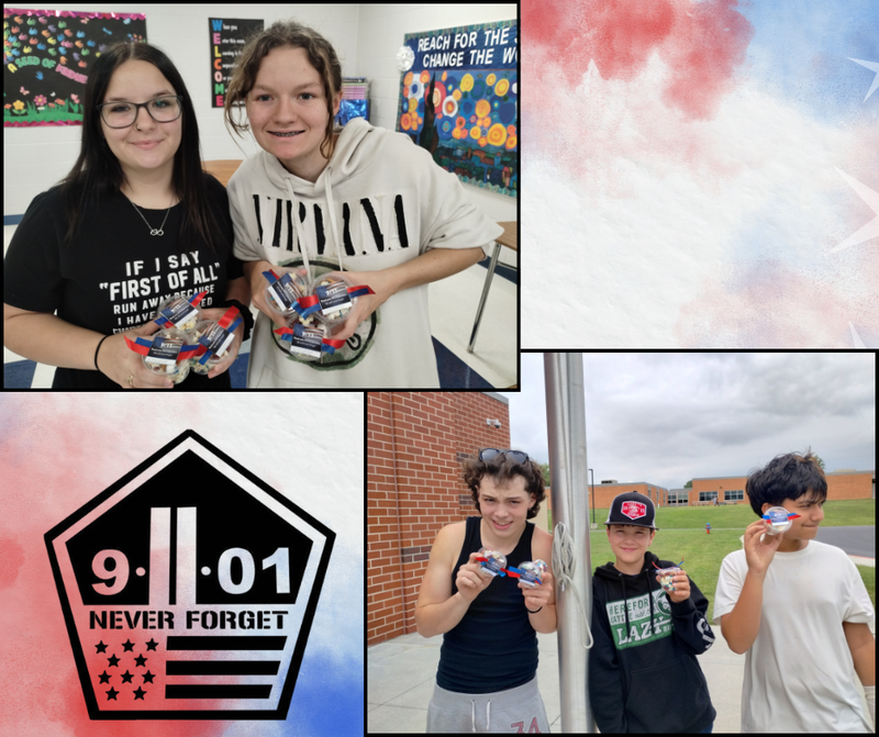 "A multi-panel collage showing students displaying their patriotic treat cups, a '9/11 Never Forget' graphic emblem, and three students standing together outside by the flagpole."