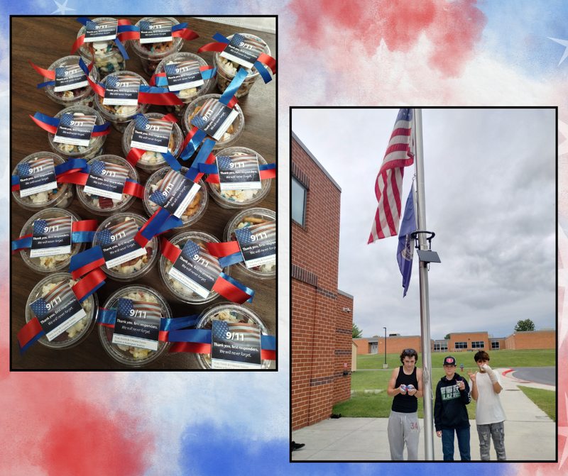 "A two-panel collage showing a collection of completed treat cups topped with patriotic ribbons and tags, alongside three students standing outside by the school flagpole."