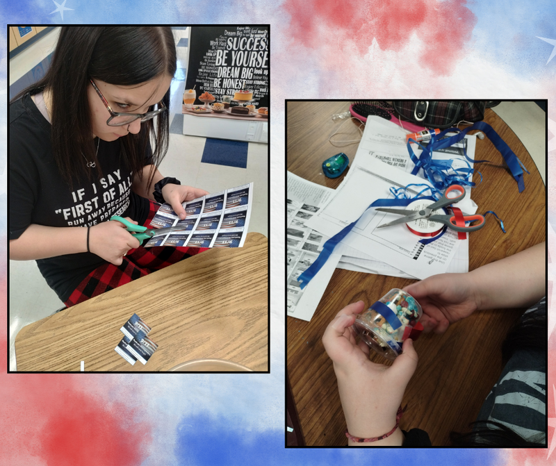 "A two-panel collage featuring a student using scissors to cut out printed '9/11 We Will Never Forget' tags, next to a close-up of hands tying blue ribbon around a filled snack cup."