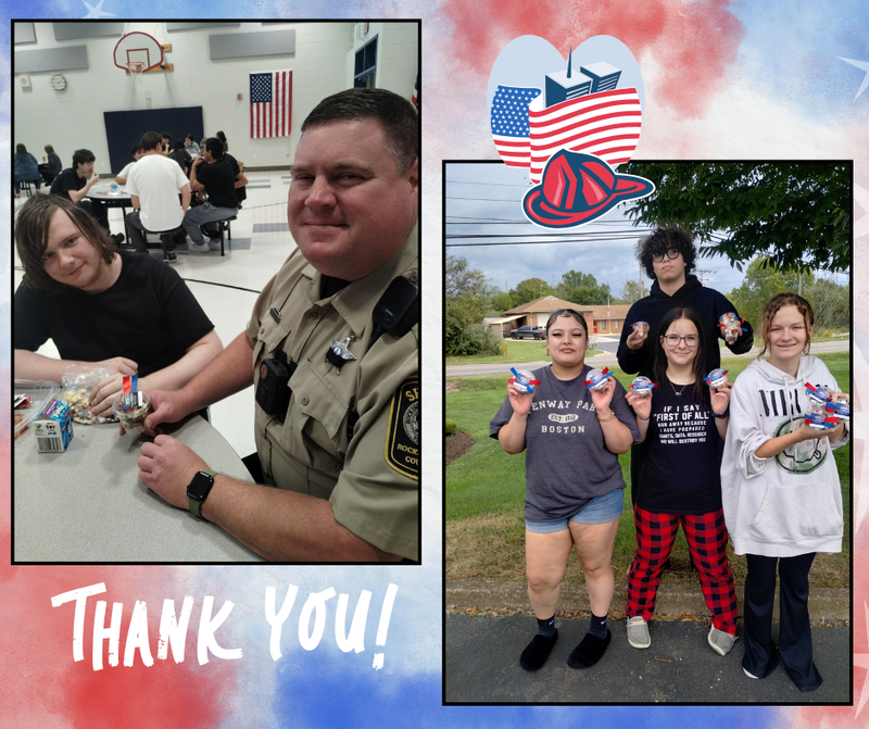 "A two-panel collage showing a student sitting at a table presenting a treat cup to School Resource Officer Deputy Neumann, paired with three students outside holding up their completed snack cups."