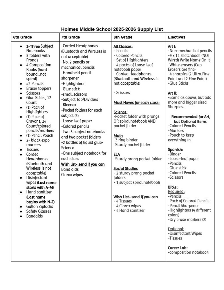 2025-26 School Supply shopping list
