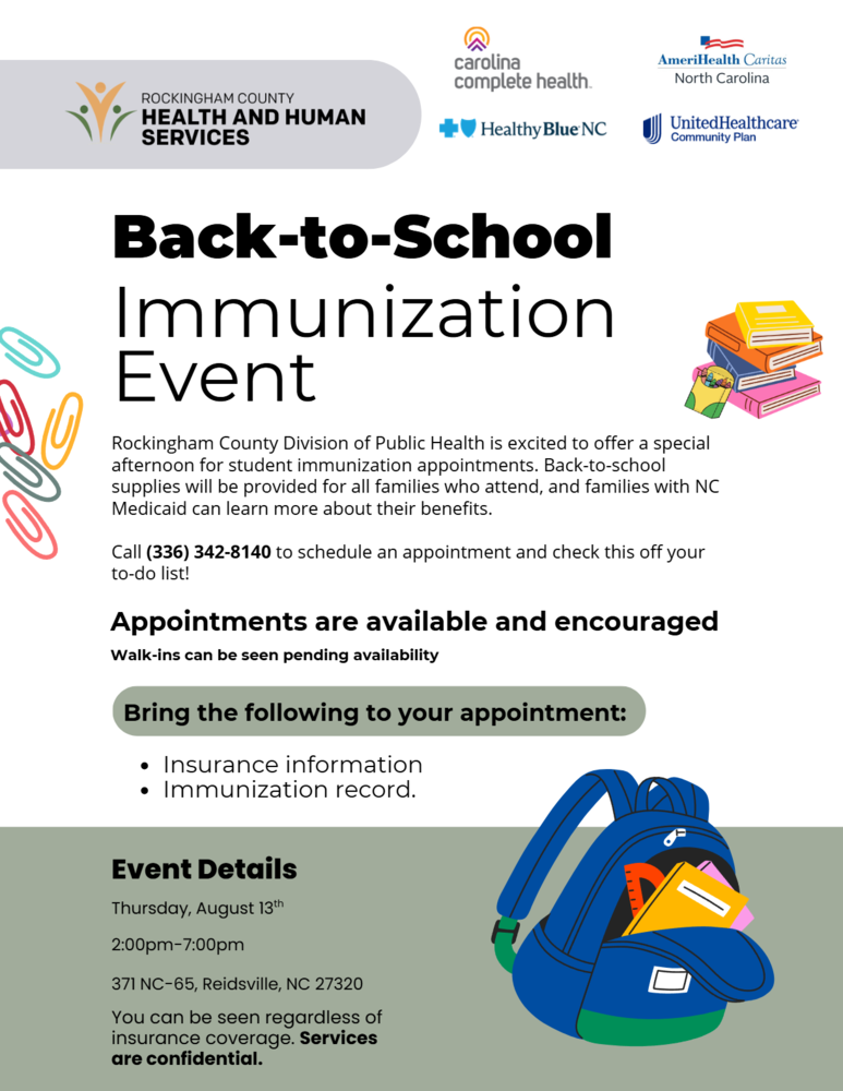 Rockingham County Division of Public Health Back to School Immunization flyer