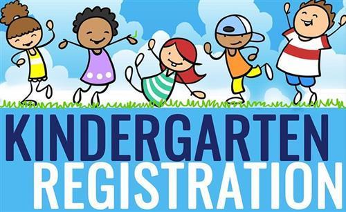 Colorful banner showing cartoon children of diverse backgrounds jumping and smiling on grass under a blue sky, with large text that reads "Kindergarten Registration."