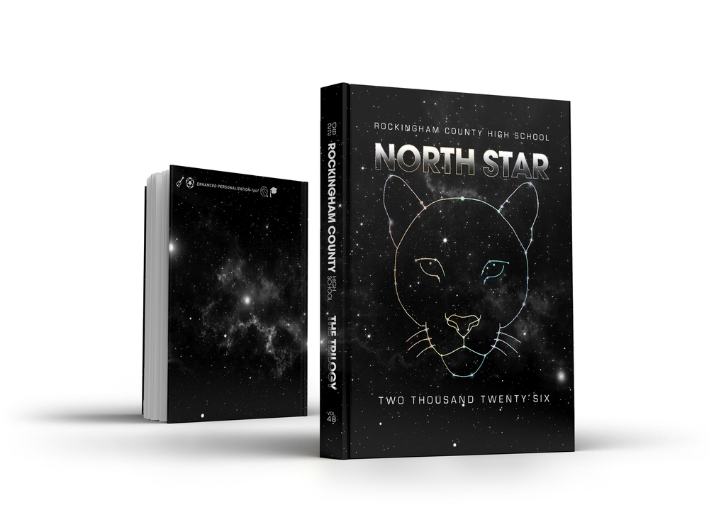 Image of 2026 Yearbook Cover Design: A Cougar constellation against a black and silver starry sky