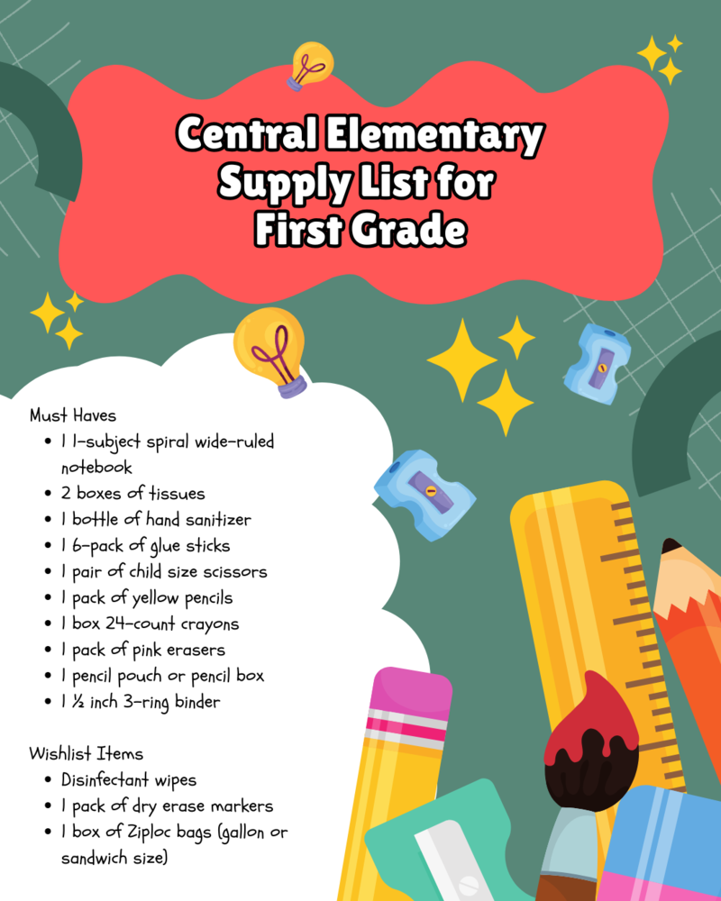 "Colorful illustrated flyer titled 'Central Elementary Supply List for First Grade.' The background is green with red and white design elements, light bulb and star icons, and school supply illustrations like pencils, a ruler, paintbrush, and sharpener. The 'Must Haves' list includes: 1 one-subject spiral wide-ruled notebook, 2 boxes of tissues, 1 bottle of hand sanitizer, 1 6-pack of glue sticks, 1 pair of child size scissors, 1 pack of yellow pencils, 1 box of 24-count crayons, 1 pack of pink erasers, 1 pencil pouch or pencil box, and 1½ inch 3-ring binder. The 'Wishlist Items' section includes disinfectant wipes, 1 pack of dry erase markers, and 1 box of Ziploc bags (gallon or sandwich size)."
