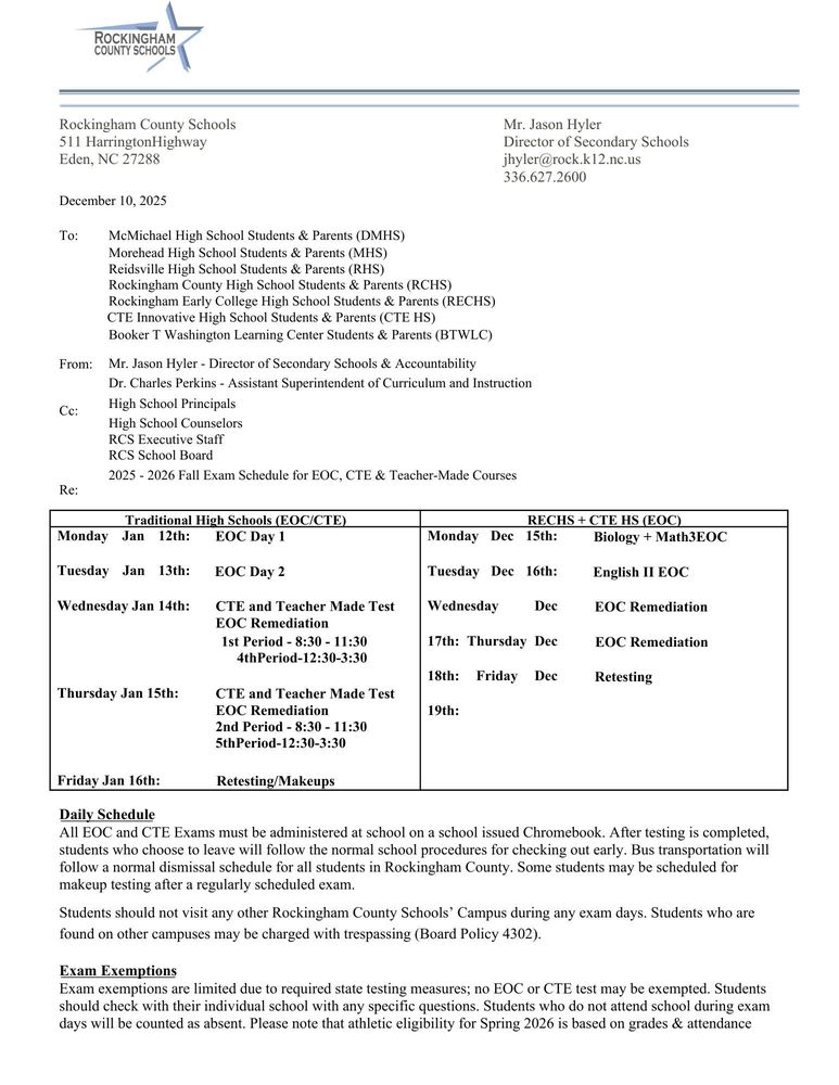 EOC and Final Exam Schedule