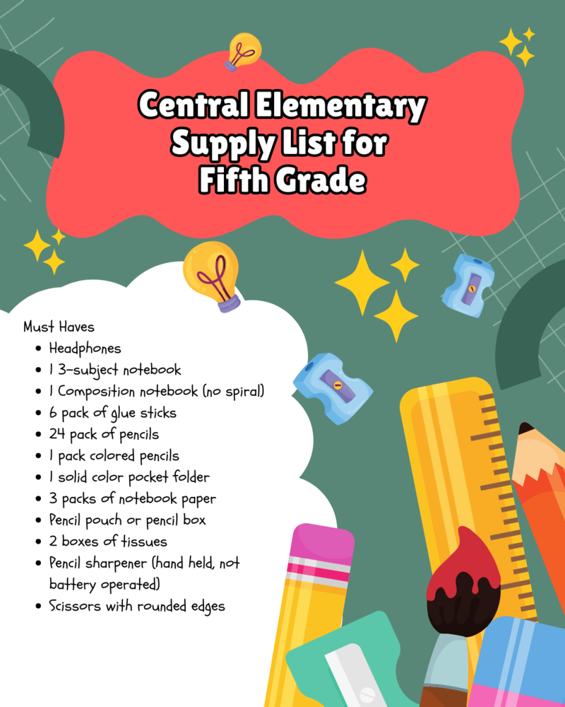 "Text-only list titled 'Central Elementary Supply List for Fifth Grade' with Must Haves including headphones, a 3-subject notebook, one composition notebook (no spiral), a 6-pack of glue sticks, a 24-pack of pencils, a pack of colored pencils, a solid color pocket folder, three packs of notebook paper, a pencil pouch or box, two boxes of tissues, a handheld pencil sharpener (not battery operated), and scissors with rounded edges."