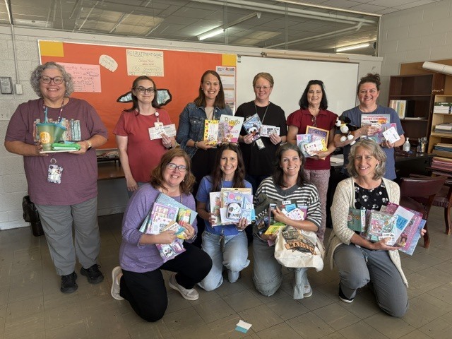RCS Media Staff with RoCo Summer Reading Trail Prizes