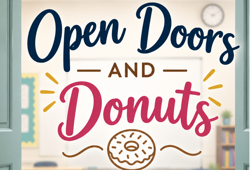 ChatGPT generated image of open doors to a classroom with a plate of donuts on a table