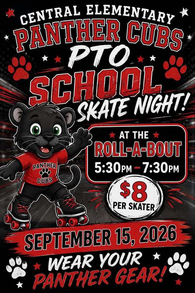 "Event flyer for Central Elementary Panther Cubs PTO School Skate Night at the Roll-A-Bout on September 15, 2026 from 5:30 PM to 7:30 PM. Cost is $8 per skater. The flyer encourages attendees to wear their Panther gear. Design features a cartoon black panther mascot with bright green eyes wearing a red 'Panther Cubs' shirt and roller skates, waving at viewers. The black background is decorated with red paw prints, stars, and dynamic red streaks. Text is displayed in bold red and white lettering."
