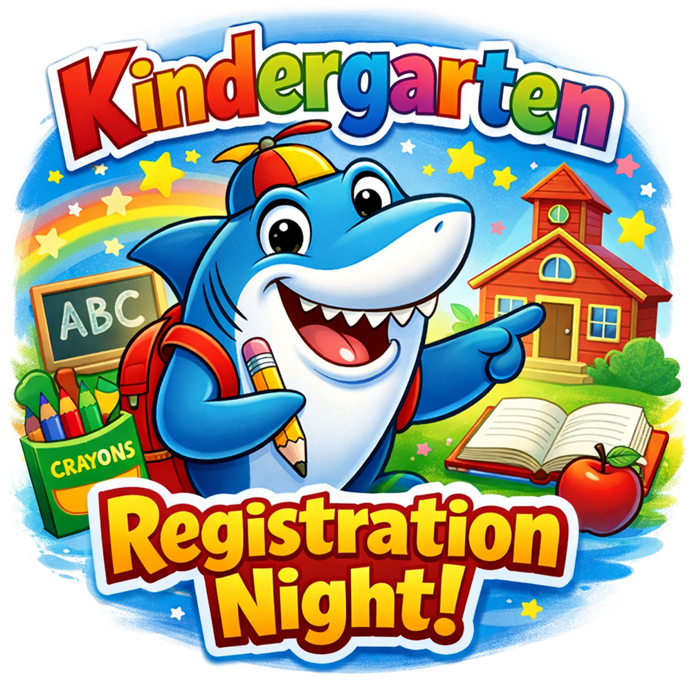 Cartoon shark that says kindergarten registration night