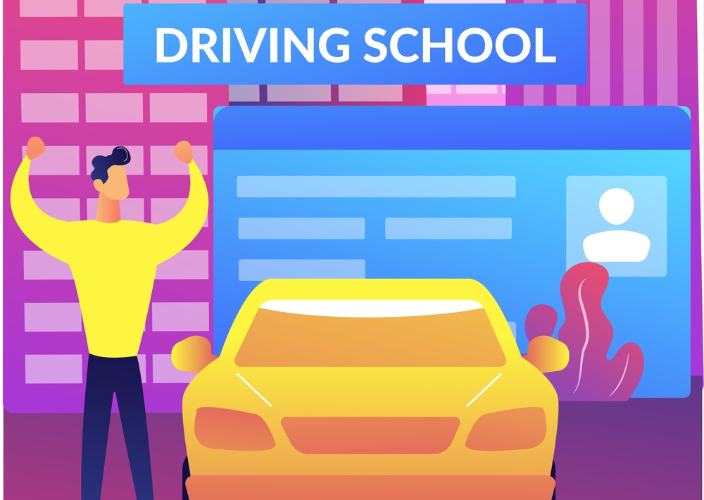 Driving school image of car and man with arms raised from freepix.com