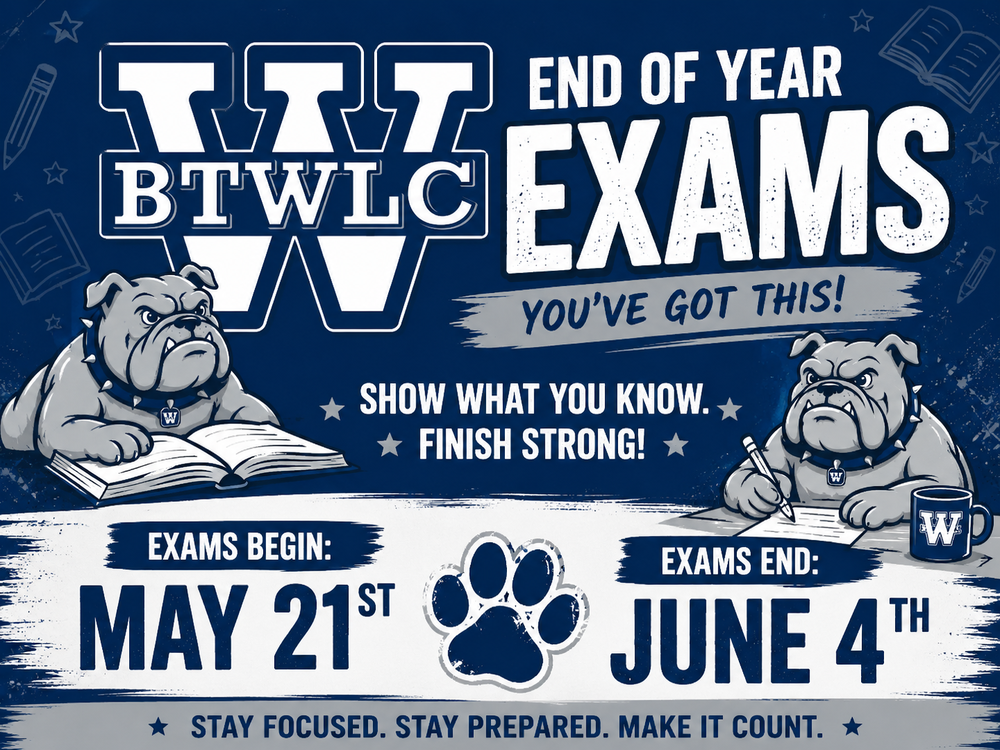 School testing schedule with bulldogs reading books and taking a test