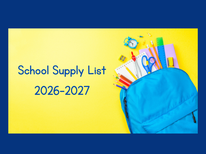 image of blue bookbag with common school supplies coming out of it onto a yellow background