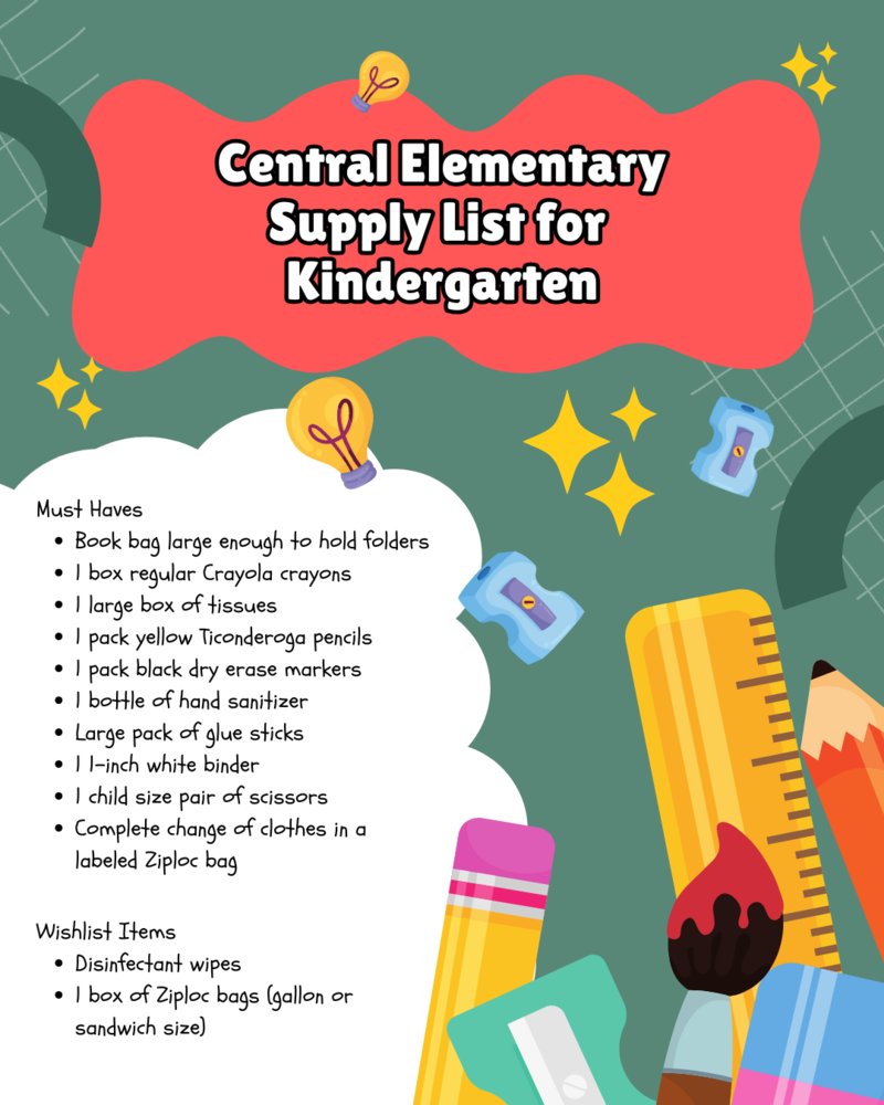 "Colorful illustrated flyer titled 'Central Elementary Supply List for Kindergarten.' The background is green with decorative red and white shapes, light bulb and star icons, and school supply graphics like pencils, a ruler, paintbrush, and sharpener. The 'Must Haves' list includes: book bag large enough to hold folders, 1 box regular Crayola crayons, 1 large box of tissues, 1 pack yellow Ticonderoga pencils, 1 pack black dry erase markers, 1 bottle of hand sanitizer, large pack of glue sticks, 1 1-inch white binder, 1 child size pair of scissors, and a complete change of clothes in a labeled Ziploc bag. The 'Wishlist Items' section includes disinfectant wipes and 1 box of Ziploc bags (gallon or sandwich size)."