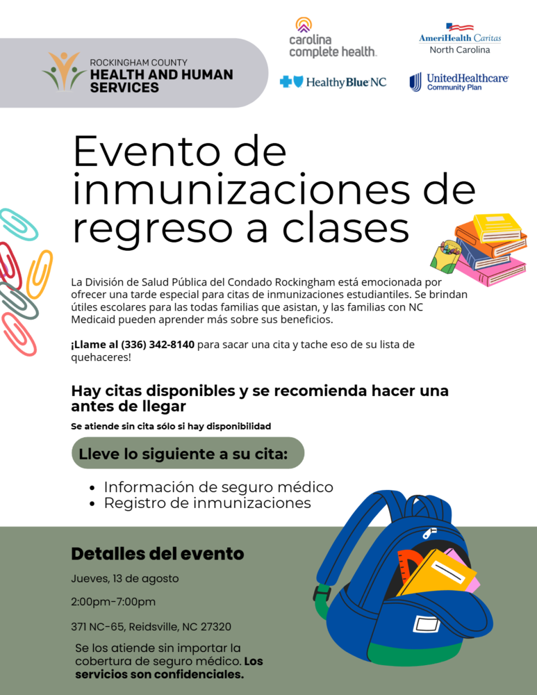Volante de Jornada de Vacunación para el Regreso a Clases - División de Salud Pública del Condado de Rockingham  