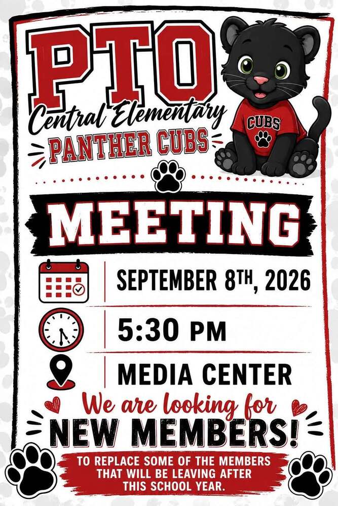 "Flyer for PTO Central Elementary Panther Cubs meeting on September 8th, 2026 at 5:30 PM in the Media Center. The announcement states they are looking for new members to replace some members leaving after this school year. Design features a cartoon black panther cub wearing a red shirt with 'CUBS' text on the right side, with red and black paw print graphics decorating the top and bottom. Calendar, clock, and location pin icons highlight the meeting details."