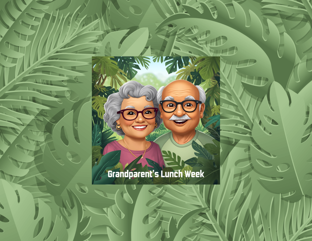Grandparent's Lunch Week- Graphic of Grandparents in a jungle background