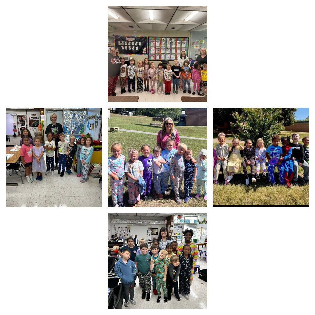 Collage contains photos for students and staff wearing their pajamas and comfy clothes to school. 