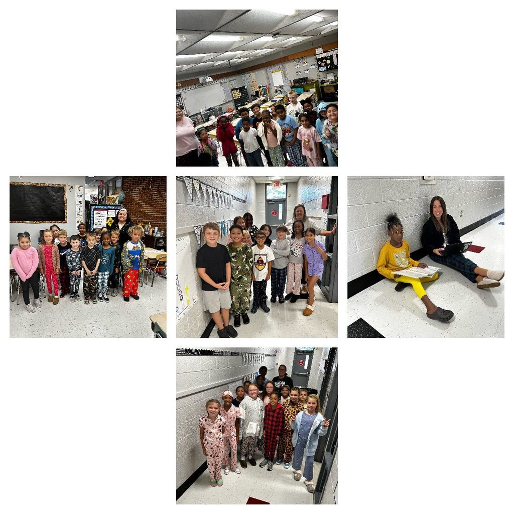 Collage contains photos for students and staff wearing their pajamas and comfy clothes to school. 