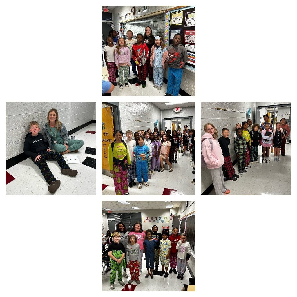 Collage contains photos for students and staff wearing their pajamas and comfy clothes to school. 