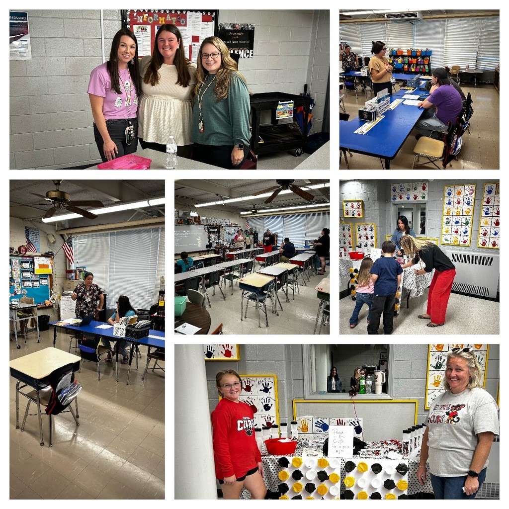 Collage of families in classrooms listening to teachers during Fall curriculum night. 