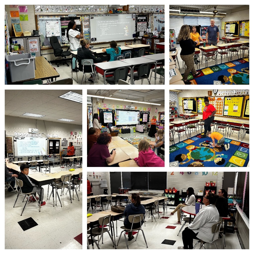 Collage of families in classrooms listening to teachers during Fall curriculum night. 