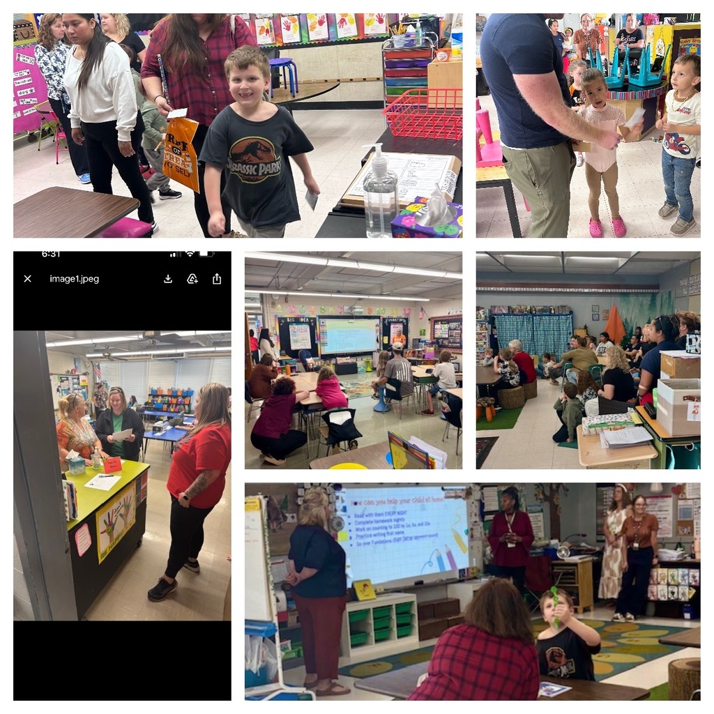 Collage of families in classrooms listening to teachers during Fall curriculum night. 
