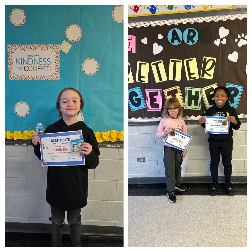 A split image showing three elementary school students holding certificates. On the left, a child stands in front of a blue bulletin board with the phrase “Sprinkle Kindness and Confetti,” smiling and holding a certificate and a small treat. On the right, two children stand side-by-side in front of a colorful “We Are Better Together” bulletin board, each smiling and holding their own certificate.