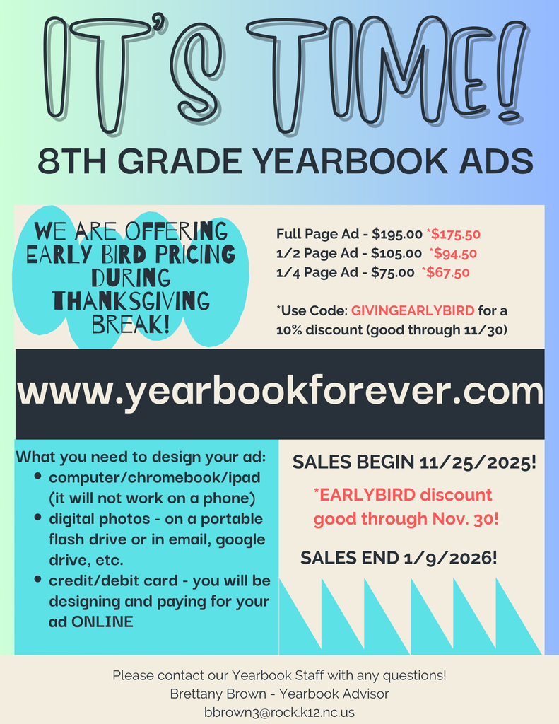 8th grade yearbook ad flyer - deadline is 1/9/26