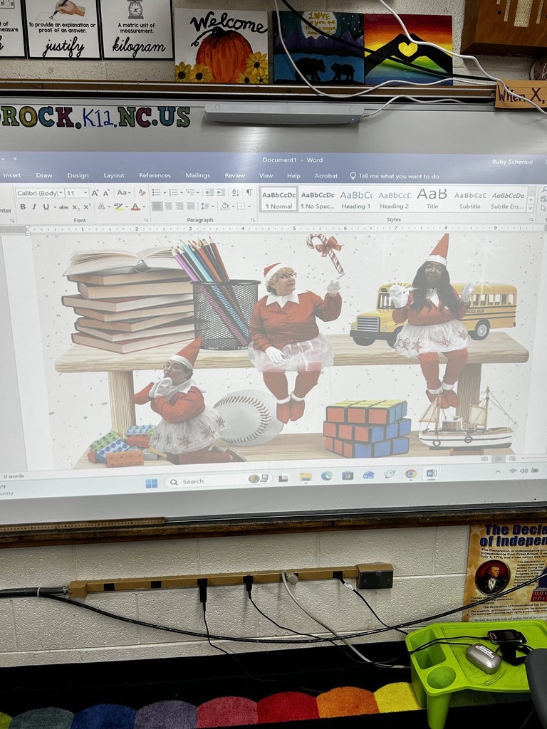 computer screen shows image of three teachers dressed as elf on the shelf