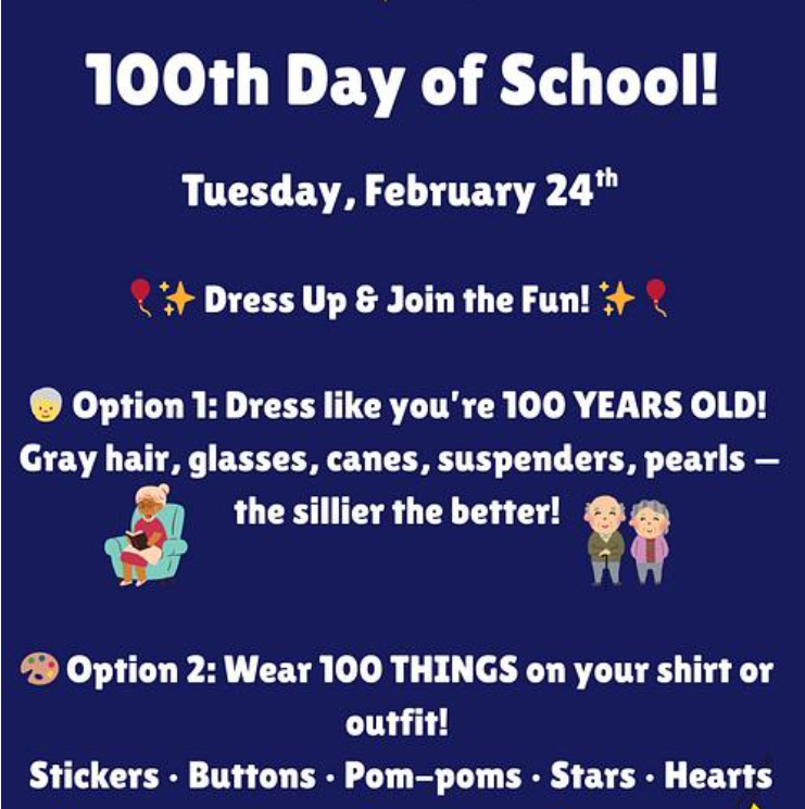 100th day of school Tuesday, February 24th