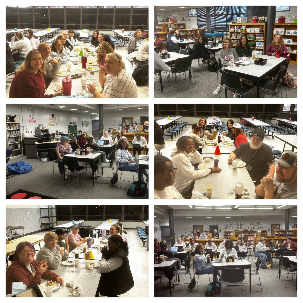 Collage of six photos showing school staff gathered for a meeting and meal. In several images, staff members sit together at long cafeteria tables in the evening, eating and smiling at the camera with plates and drinks in front of them. Other photos show staff seated at tables in the school library, some working on laptops and others listening, with bookshelves and classroom displays in the background. The overall scene captures a friendly, collaborative staff gathering in both the cafeteria and library spaces.