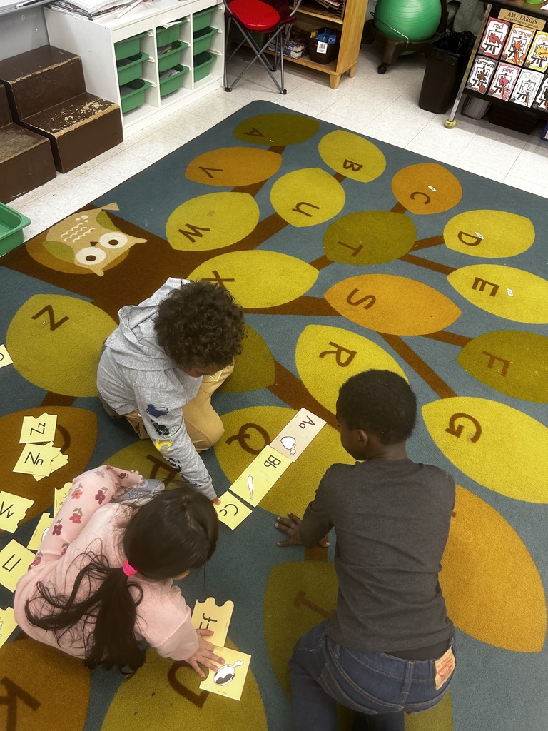 Three young students sit on a colorful classroom rug shaped like a tree with alphabet letters on each leaf, working together to match letter cards with picture cards. The children are arranging the cards on the floor in front of them. Classroom shelves, bins, and small wooden steps are visible in the background.