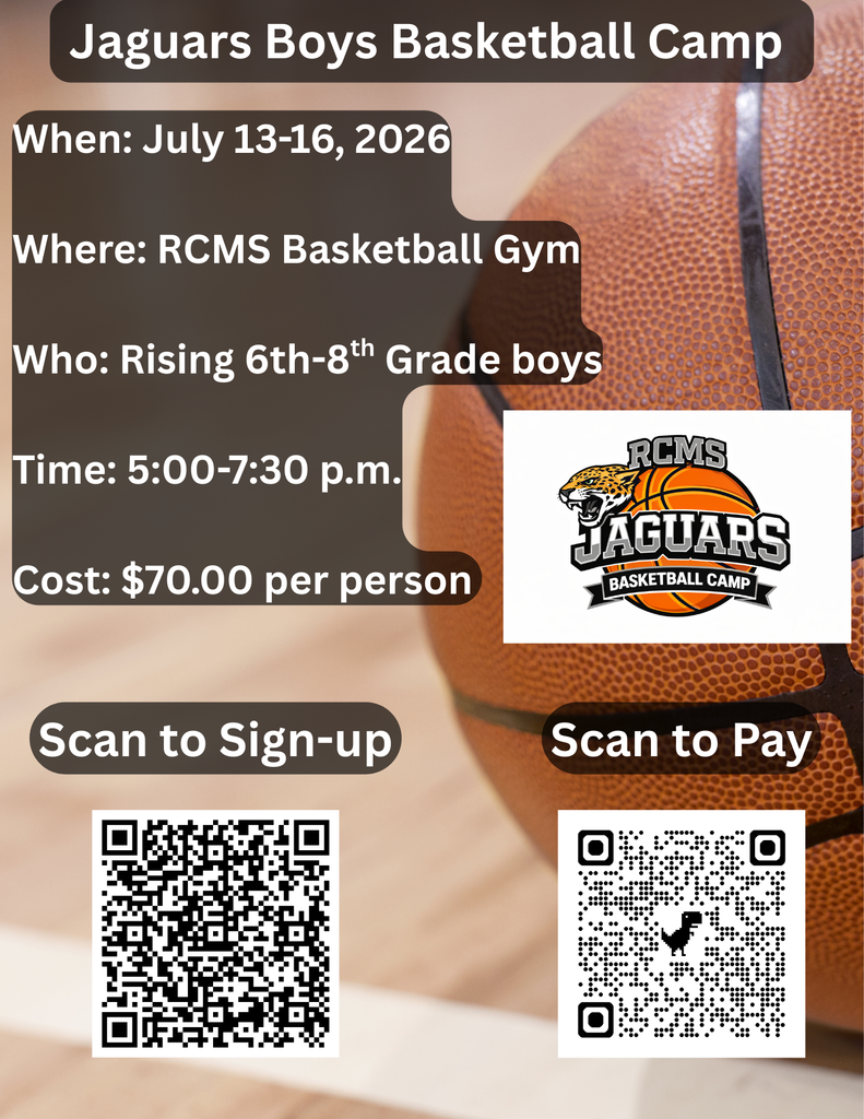 Jaguars Boys Basketball Camp - July 13-16 - RCMS Gym - Rising 6th-8th grade boys - 5:00-7:30pm - $70 per person