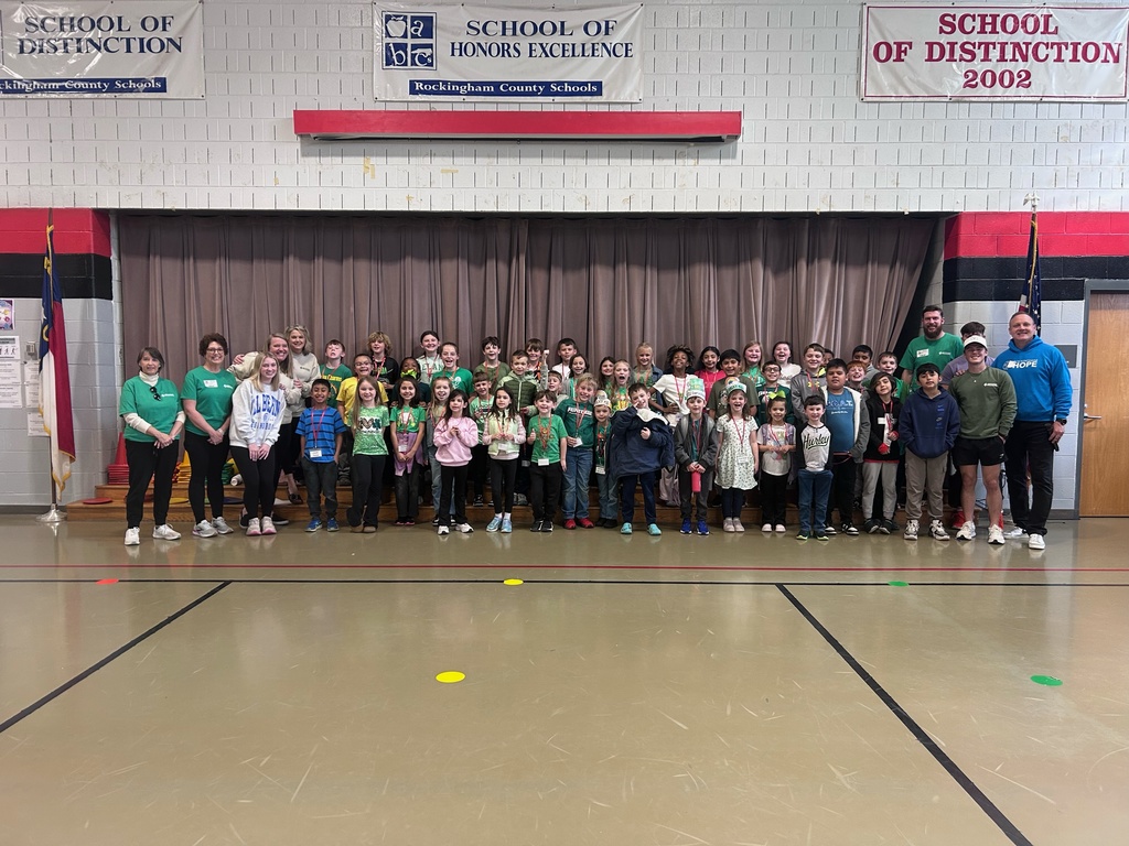A large group of elementary students and several adults stand together on a stage in a school gym, smiling for a group photo. Many students are wearing green shirts and name tags, suggesting a themed event or celebration. Behind them are banners reading “School of Distinction” and “School of Honors Excellence” for Rockingham County Schools. The stage has a closed curtain, and the gym floor with colored markers is visible in the foreground.