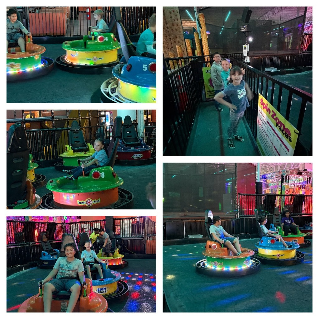 Top Left: Three young boys are seated in brightly colored bumper cars—orange, green, and blue—with illuminated bases. The cars appear to be in motion, with one boy on the orange car looking at the camera. Bottom Left: Two boys are prominently featured in the foreground, seated in an orange bumper car labeled "SPIN ZONE" and a yellow "SPIN ZONE" bumper car respectively, both smiling at the camera. Other cars are visible in the background, and the floor reflects colorful lights from the ride. Top Right: Three children—two boys and one girl—stand in a black-railed queue area. The girl in the center looks at the camera. In the background, a rock climbing wall is visible, along with a partially visible "URBAN AIR" sign. To the right, a yellow sign displays "Spin Zone Rules" with smaller text indicating ride guidelines such as "Do not stand up" and "Keep hands." Bottom Right: Two boys drive illuminated "SPIN ZONE" bumper cars in motion—one in an orange car numbered 6 and another in a blue car numbered 5. The dark floor reflects the vibrant, multi-colored lights from the rides, creating dynamic visual effects. Middle Left Detail: A young boy is seated in a green bumper car labeled "BUMP HERE" and numbered 8, looking straight ahead. Other ride elements are visible in the background.