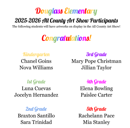 Art Show Participants - Kindergarten has Chanel Goins and Nova Williams, 1st grade has Luna Cuevas and Jocelyn Hernandez, 2nd grade has Braxton Santillo and Sara Trinidad, 3rd grade has Mary Pope Christman and Jillian Taylor, 4th grade has Elena Bowling and Paislee Carter, and 5th grade has Rachelann Pace and Mia Stanley