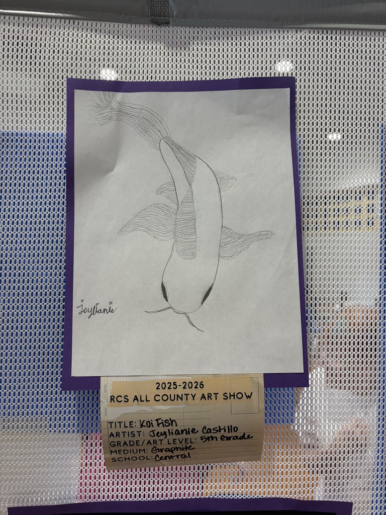A 5th grade student artwork titled "Koi Fish" by Jeylianie Castillo is displayed as part of the 2025-2026 RCS All County Art Show from Central Elementary School. Created with graphite pencil, this black and white drawing depicts a koi fish from a top-down perspective, with its head pointing downward and a long, flowing tail pointing upward. The fish features detailed markings on its back and fins, rendered with careful shading and line work. The drawing is signed by the artist and matted with purple paper, then affixed to a white mesh display surface. An informational label is attached below the artwork.