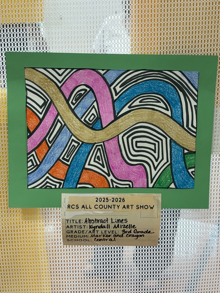 A 3rd grade student artwork titled "Abstract Lines" by Kyndall Mizelle is displayed as part of the 2025-2026 RCS All County Art Show from Central Elementary School. Created with marker and crayon, the abstract drawing features bold, curving black lines that create an intricate, interwoven pattern of shapes. These shapes are filled with vibrant colors including pink, blue, orange, brown, and green, giving the piece a dynamic appearance. The artwork is matted on green construction paper and displayed against a textured, grid-patterned background of yellow and white.