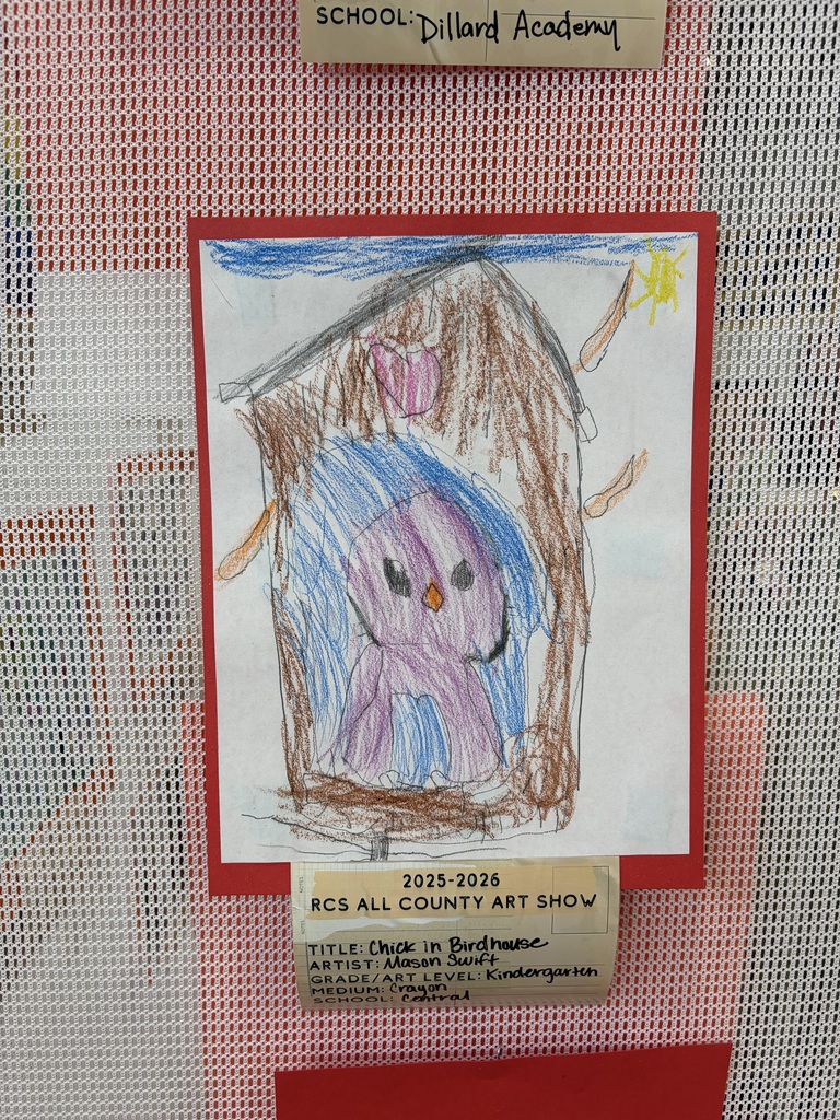 A kindergarten student artwork titled "Chick in Birdhouse" by Mason Swift is displayed as part of the 2025-2026 RCS All County Art Show from Central Elementary School. The crayon drawing features a purple chick with large black eyes and an orange beak positioned inside a brown birdhouse with a grey roof. A small pink heart-shaped opening is visible on the side of the birdhouse. Outside the birdhouse, orange stick-like shapes and a yellow starburst shape, possibly representing the sun, are drawn. The background above the birdhouse is colored blue. The artwork is mounted on a red mat and displayed against a white mesh background.