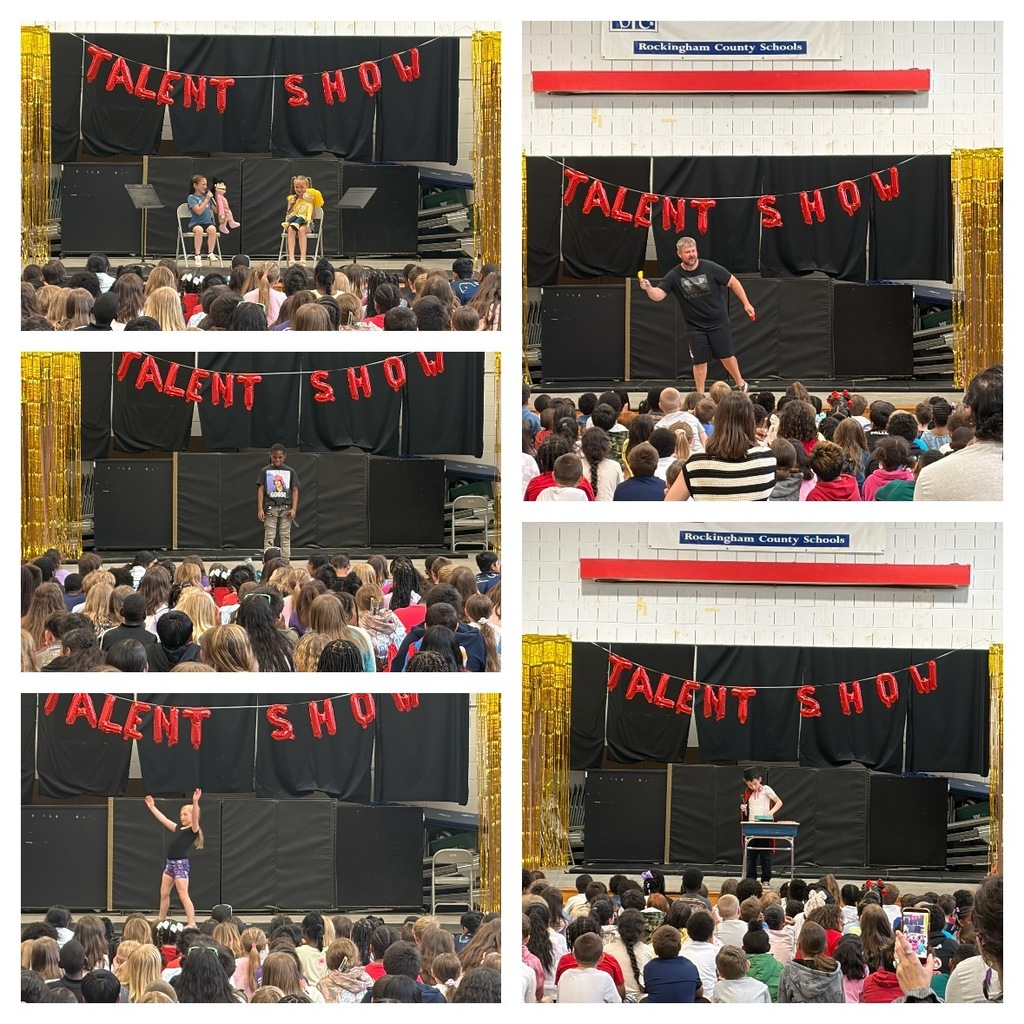 More students showcase their talents during the school talent show, including a puppet performance with two students seated in chairs, a student telling jokes or speaking into a microphone, a dancer performing on stage, and an adult demonstrating a performance while the audience watches from the floor.