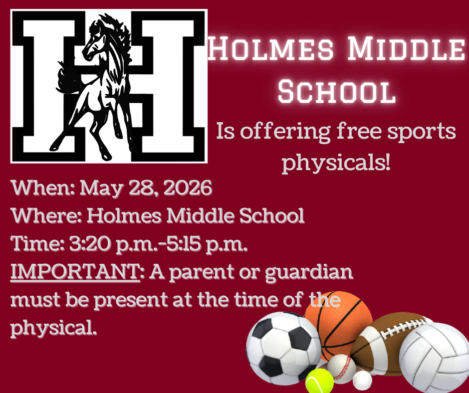 Free Sports physicals at HMS on May 28.  A parent or guardian must be present.