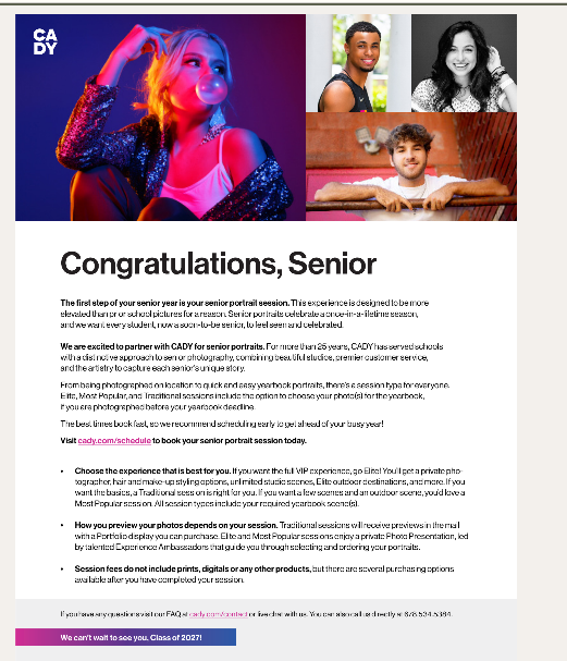 A promotional flyer for senior portraits from CADY photography. The top section features a large, colorful portrait of a teenage girl blowing a bubblegum bubble while sitting against a vibrant blue and pink-lit background. To the right are three smaller senior portrait examples: a smiling young man in athletic attire, a black-and-white headshot of a young woman, and a young man leaning on a railing and smiling.