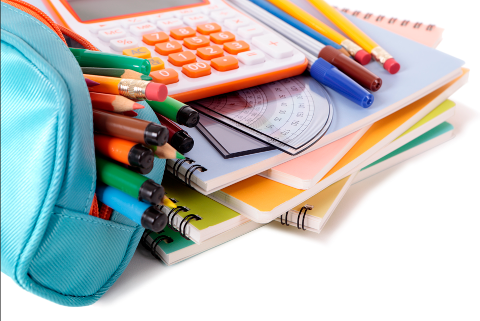 picture of school supplies  including pencils, pens, notebooks and calculator