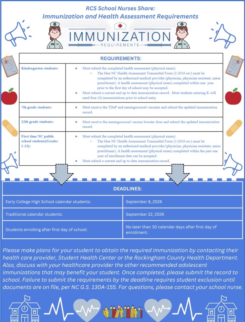 Infographic from RCS School Nurses outlining immunization and health assessment requirements for kindergarten, 7th-grade, 12th-grade, and first-time North Carolina public school students. It lists required vaccines and health forms, submission deadlines of September 8, 2026, for Early College students and September 22, 2026, for traditional-calendar students, and notes that newly enrolled students must submit requirements within 30 calendar days of enrollment.